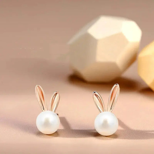 Lovcia Whimsical Zodiac Hoppers S925 Sterling Silver Rabbit Pearl Stud Earrings-Earrings-Rose Gold-Rose Gold