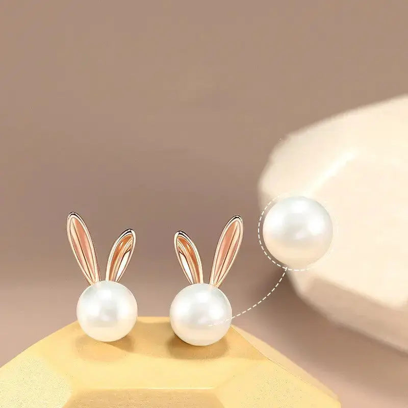 Lovcia Whimsical Zodiac Hoppers S925 Sterling Silver Rabbit Pearl Stud Earrings-Earrings-Rose Gold-Rose Gold