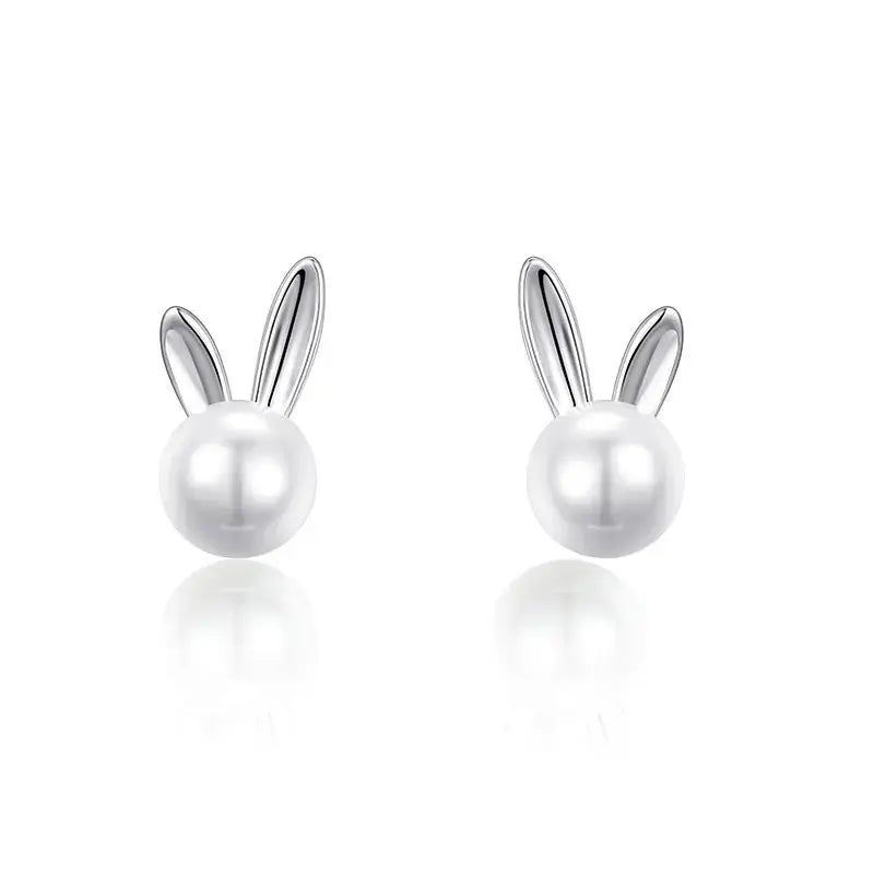 Lovcia Whimsical Zodiac Hoppers S925 Sterling Silver Rabbit Pearl Stud Earrings-Earrings-White Gold Color-White Gold Color