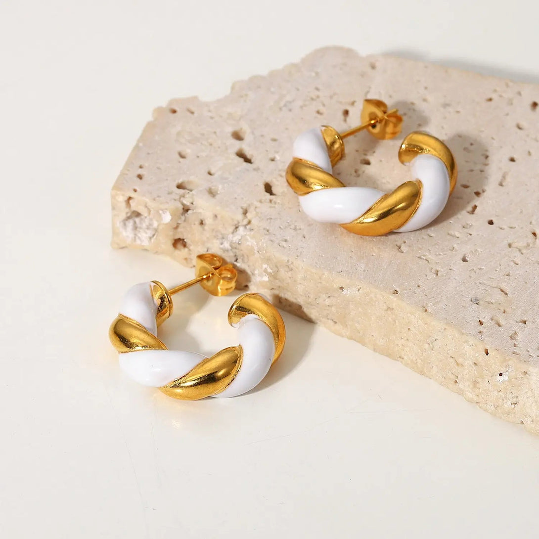 Lovcia White Gold Twisted C-Shaped Hoop Earrings for Women-Earrings-Gold-Gold
