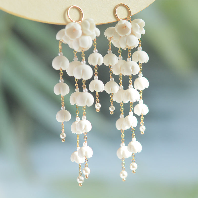 Lovcia White Petal Cascading Floral Drop Chandelier Sterling Silver Earrings for Women-Earrings-6Style-6Style