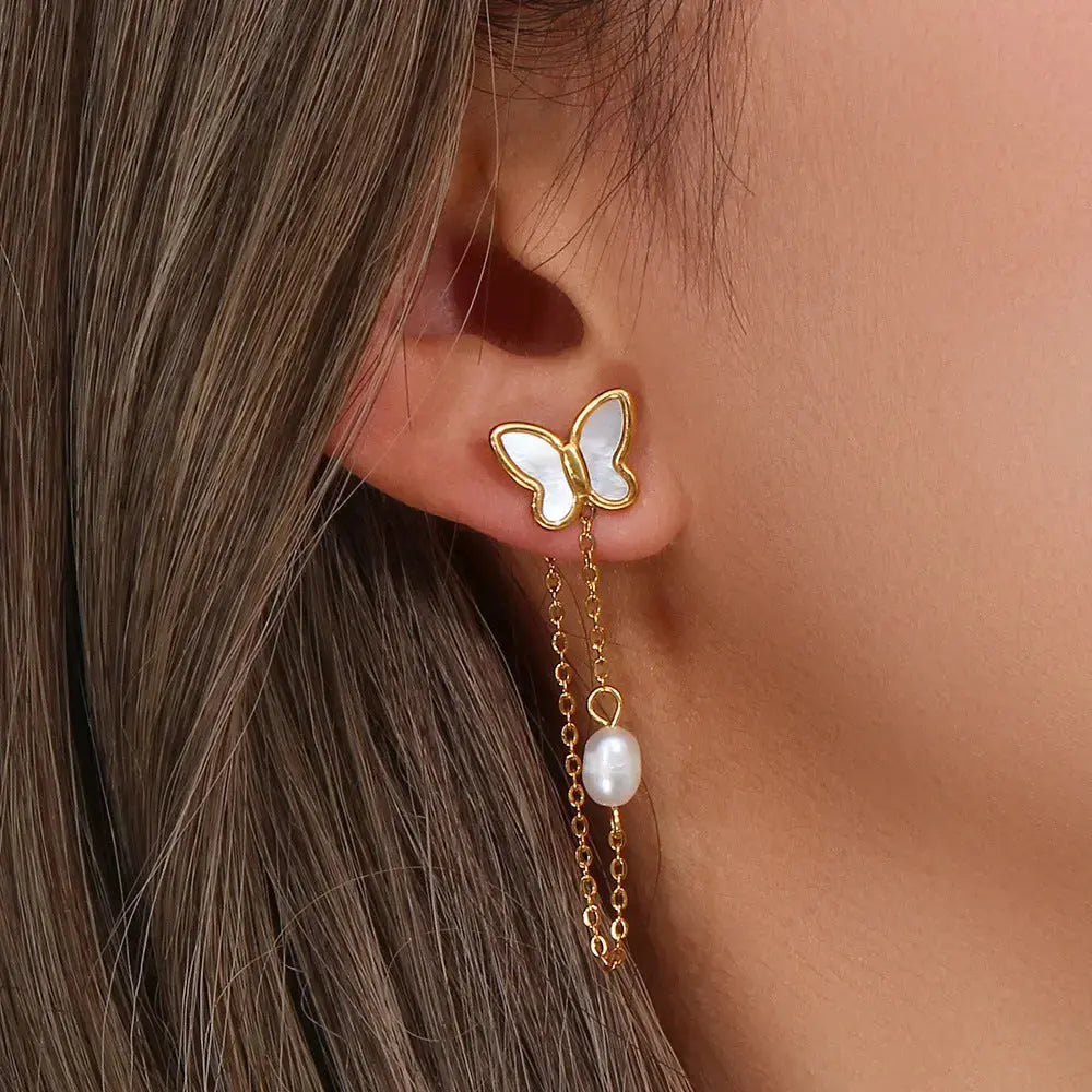 Lovcia White Shell Butterfly Chain Stud Earrings-Earrings-White Shell Ear Studs-White Shell Ear Studs