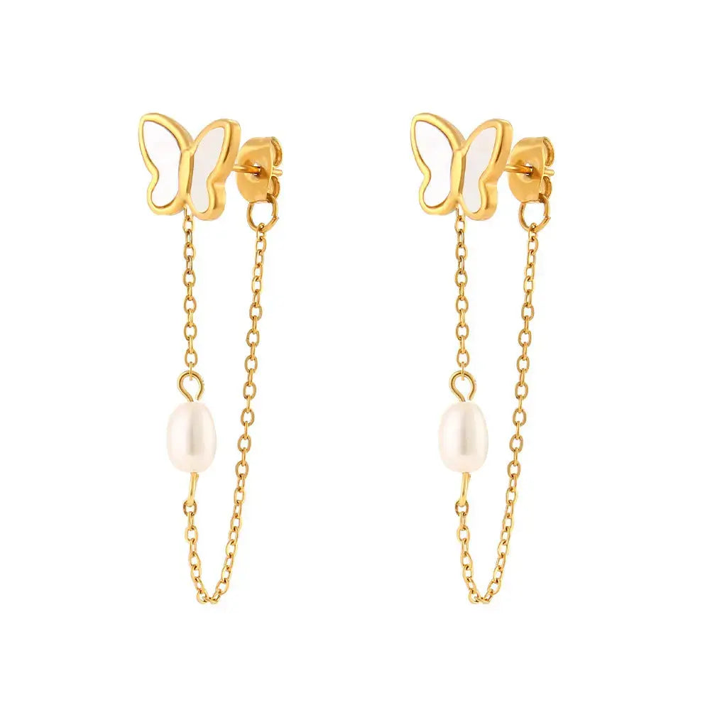 Lovcia White Shell Butterfly Chain Stud Earrings-Earrings-White Shell Ear Studs-White Shell Ear Studs