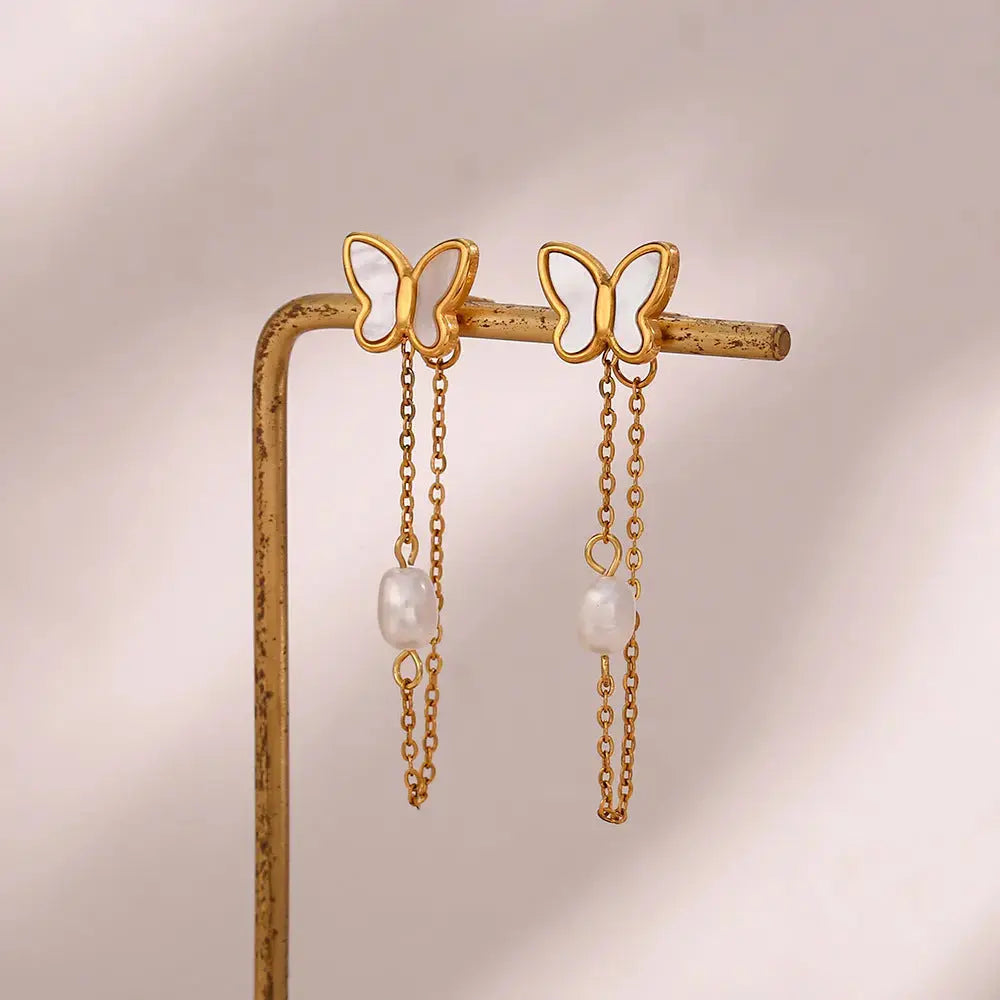Lovcia White Shell Butterfly Chain Stud Earrings-Earrings-White Shell Ear Studs-White Shell Ear Studs