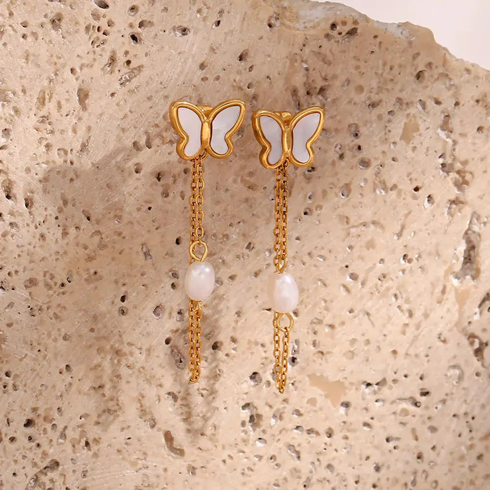 Lovcia White Shell Butterfly Chain Stud Earrings-Earrings-White Shell Ear Studs-White Shell Ear Studs