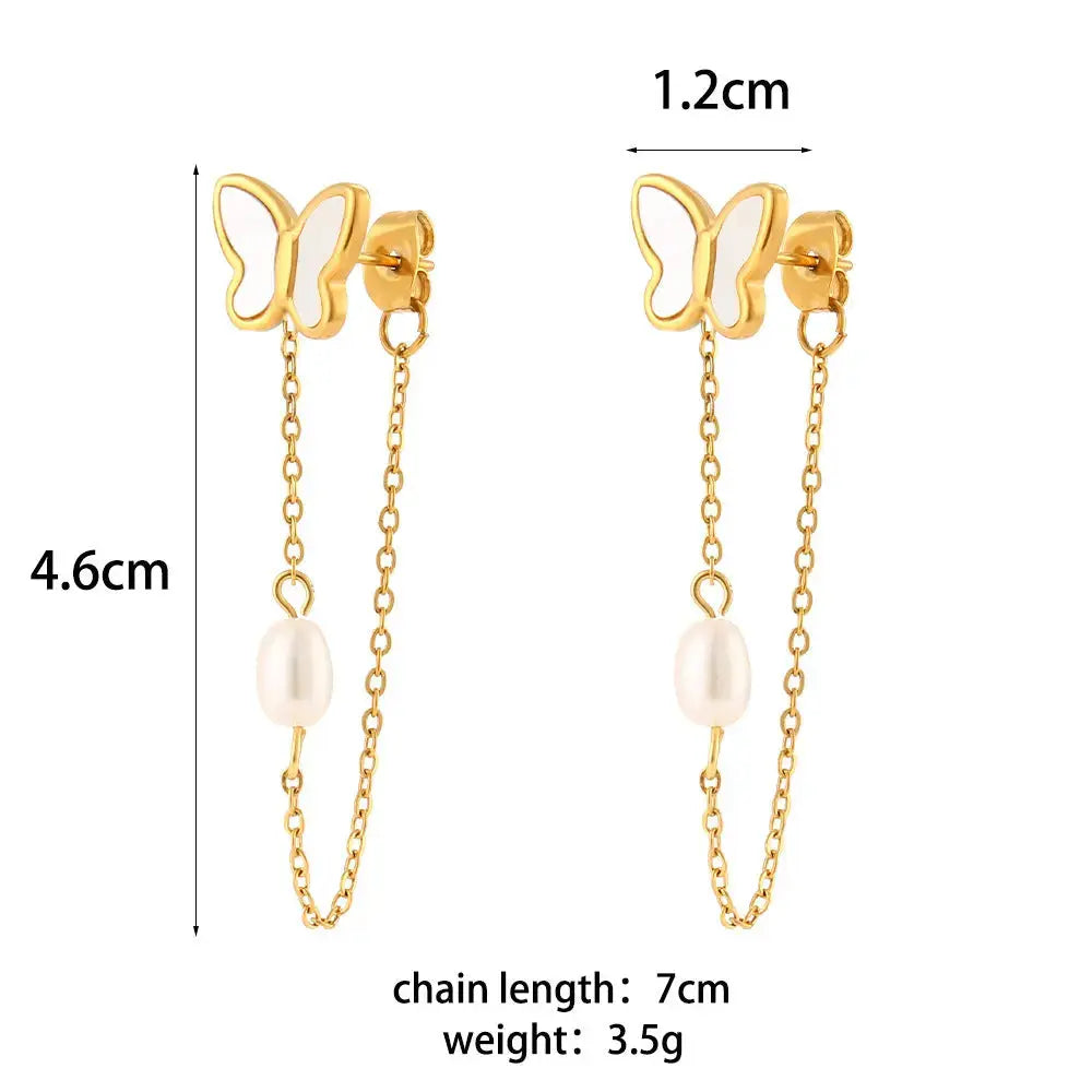 Lovcia White Shell Butterfly Chain Stud Earrings-Earrings-White Shell Ear Studs-White Shell Ear Studs