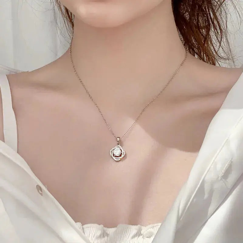 Lovcia Women Beautiful Moissanite CZ Rose Flower 925 Sterling Silver Necklace-Necklaces-1 Carat Moissanite CZ-1 Carat Moissanite CZ