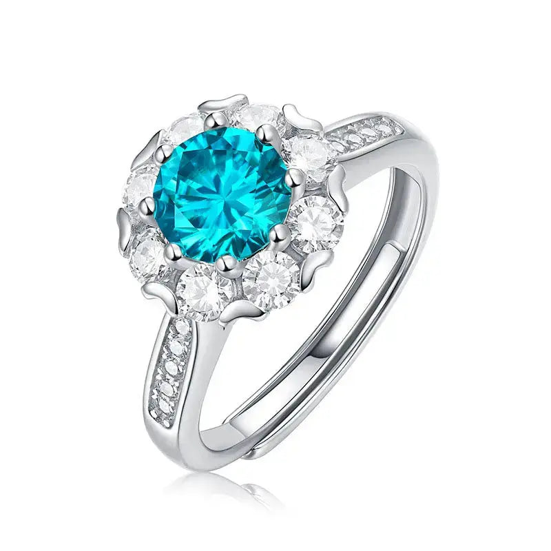 Lovcia Women Blue Round Moissanite CZ Flower 925 Sterling Silver Adjustable Ring-Rings-1 ct ( Certificate Included )-1 ct ( Certificate Included )