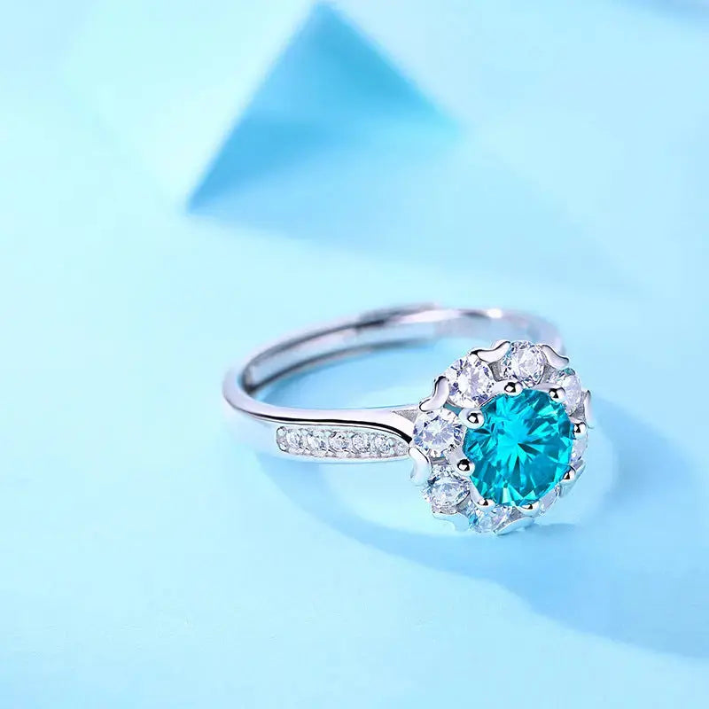 Lovcia Women Blue Round Moissanite CZ Flower 925 Sterling Silver Adjustable Ring-Rings-1 ct ( Certificate Included )-1 ct ( Certificate Included )