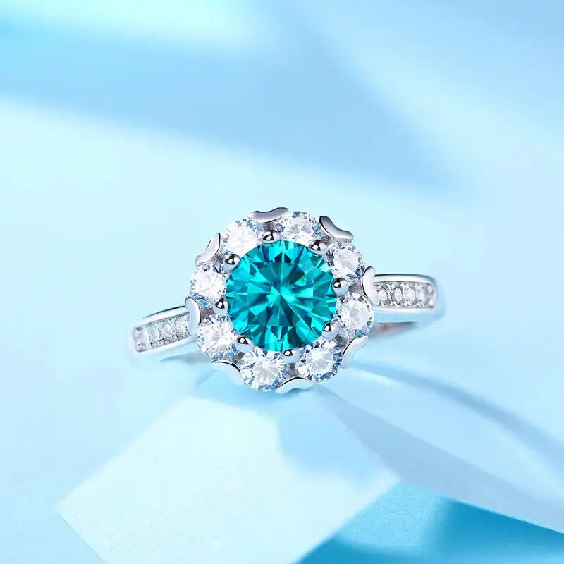 Lovcia Women Blue Round Moissanite CZ Flower 925 Sterling Silver Adjustable Ring-Rings-1 ct ( Certificate Included )-1 ct ( Certificate Included )