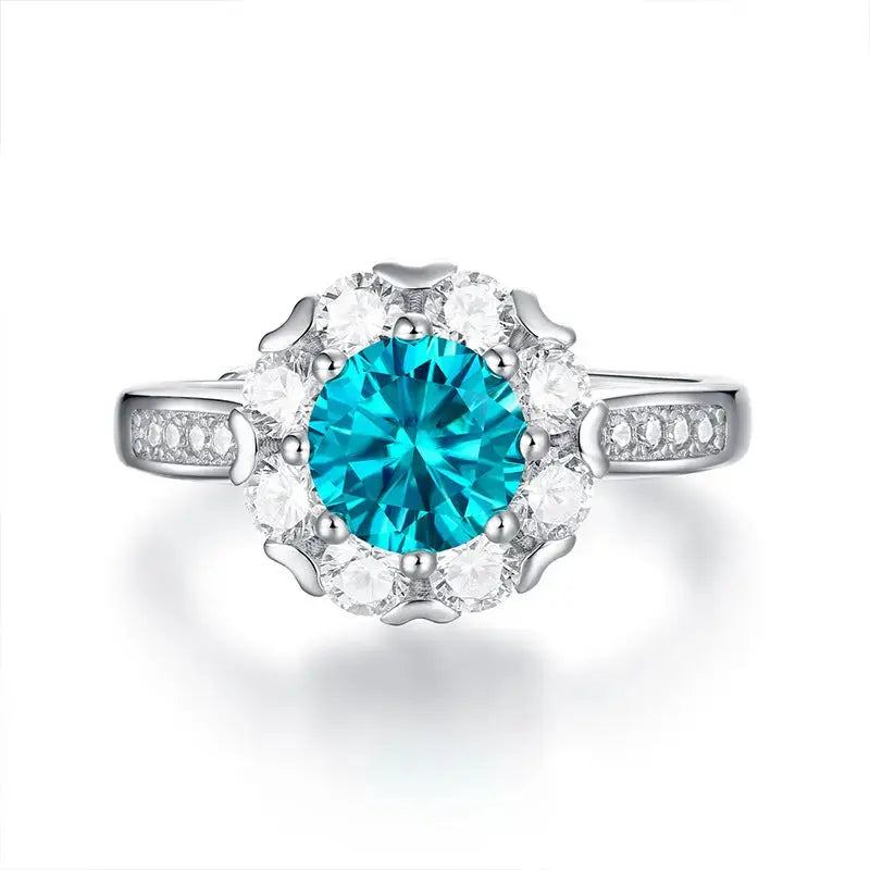 Lovcia Women Blue Round Moissanite CZ Flower 925 Sterling Silver Adjustable Ring-Rings-1 ct ( Certificate Included )-1 ct ( Certificate Included )