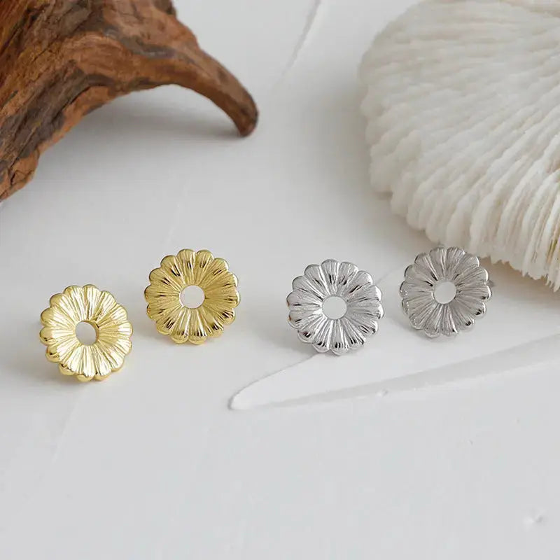Lovcia Women Chrysanthemum Flowers 925 Sterling Silver Stud Earrings-Earrings-Yellow Gold-Yellow Gold