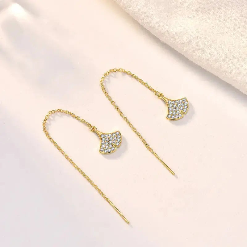 Lovcia Women CZ Ginkgo Leaf 925 Sterling Silver Thread Dangling Earrings-Earrings-14K Yellow Gold-14K Yellow Gold