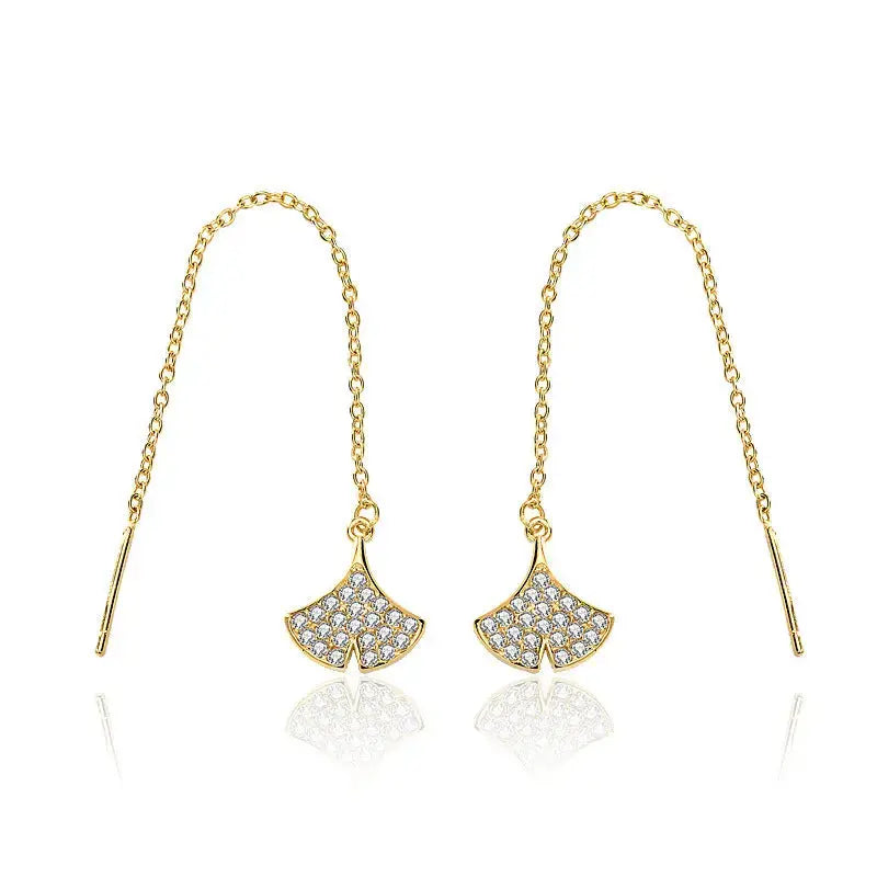 Lovcia Women CZ Ginkgo Leaf 925 Sterling Silver Thread Dangling Earrings-Earrings-14K Yellow Gold-14K Yellow Gold