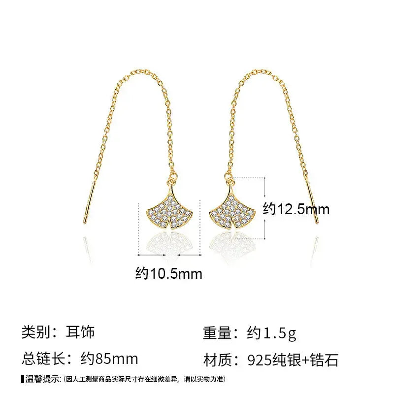 Lovcia Women CZ Ginkgo Leaf 925 Sterling Silver Thread Dangling Earrings-Earrings-14K Yellow Gold-14K Yellow Gold