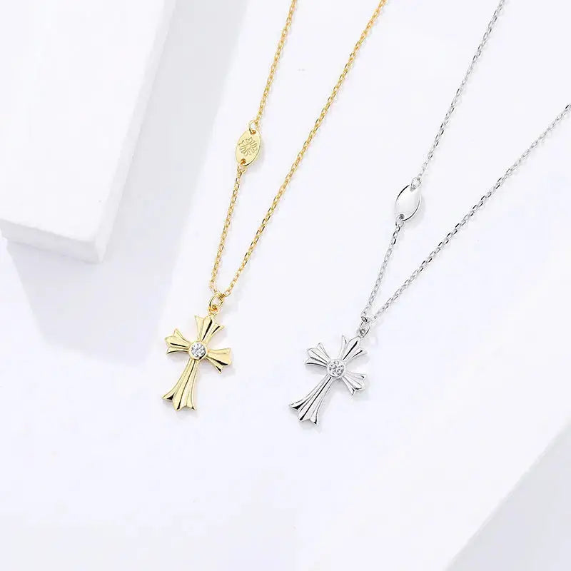 Lovcia Women Dainty CZ Cross 925 Sterling Silver Necklace-Necklaces-Rhodium-Rhodium