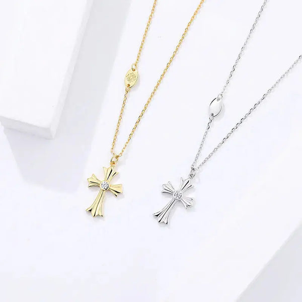 Lovcia Women Dainty CZ Cross 925 Sterling Silver Necklace-Necklaces-Rhodium-Rhodium