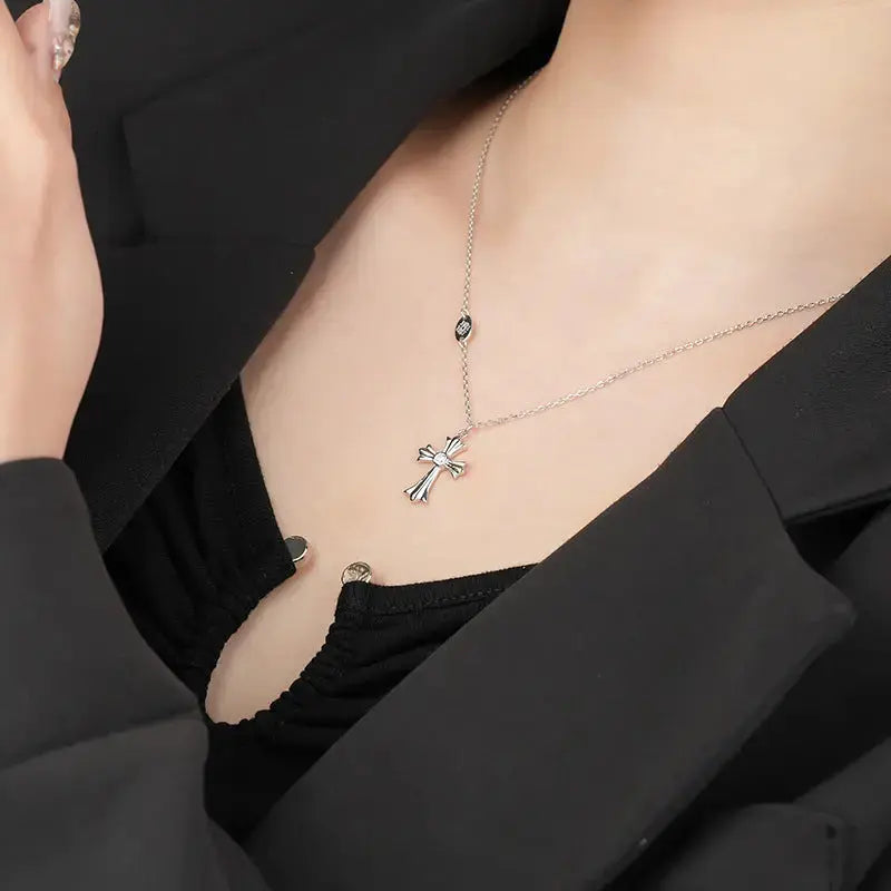 Lovcia Women Dainty CZ Cross 925 Sterling Silver Necklace-Necklaces-Rhodium-Rhodium
