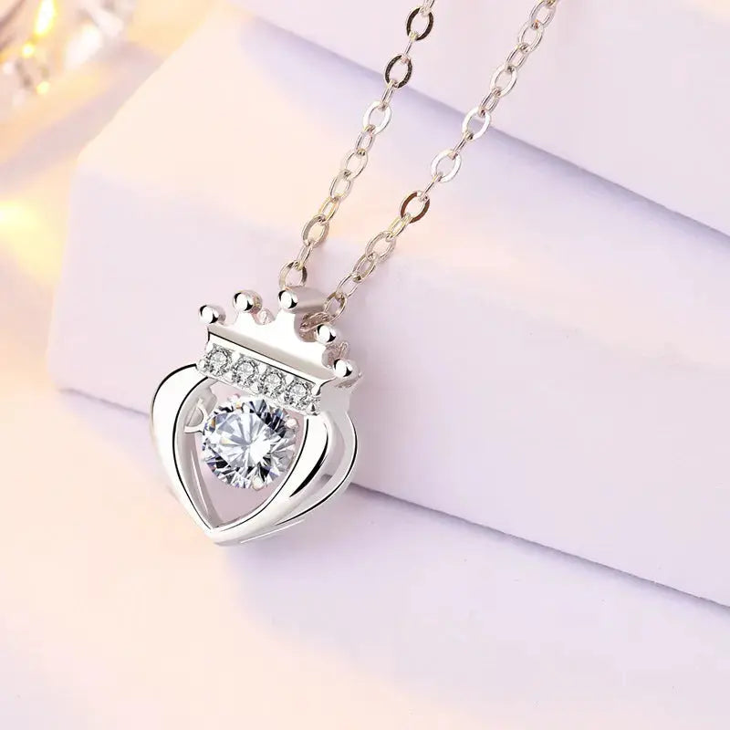 Lovcia Women Dancing CZ Heart Crown 925 Sterling Silver Pendnat-Charms & Pendants-Silver-Silver