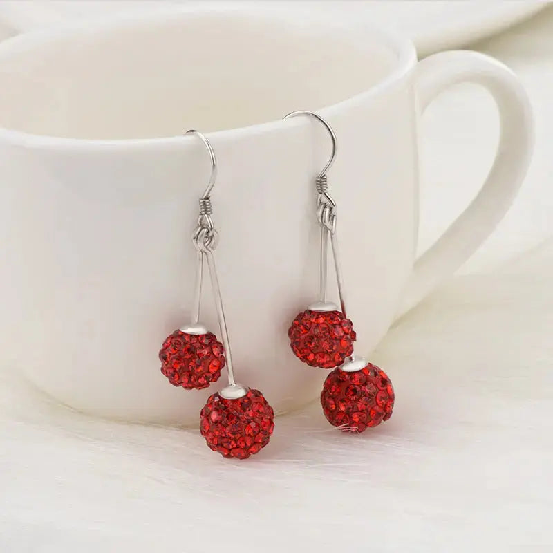 Lovcia Women Double CZ Round Balls 925 Sterling Silver Dangling Earrings-Earrings-Red CZ Earrings-Red CZ Earrings