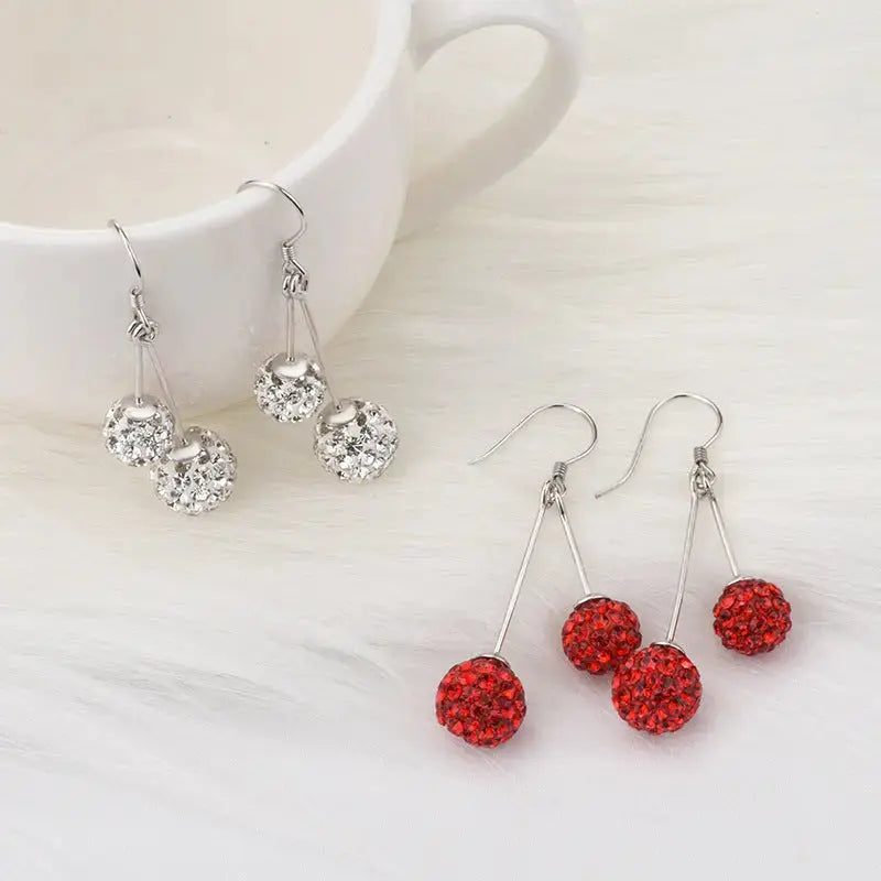 Lovcia Women Double CZ Round Balls 925 Sterling Silver Dangling Earrings-Earrings-Red CZ Earrings-Red CZ Earrings