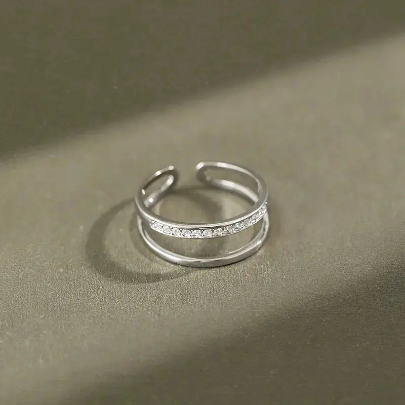 Lovcia Women Double Layer CZ Lines 925 Sterling Silver Adjustable Ring-Rings-Rhodium-Rhodium