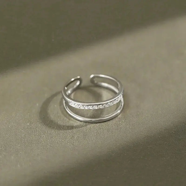Lovcia Women Double Layer CZ Lines 925 Sterling Silver Adjustable Ring-Rings-Rhodium-Rhodium