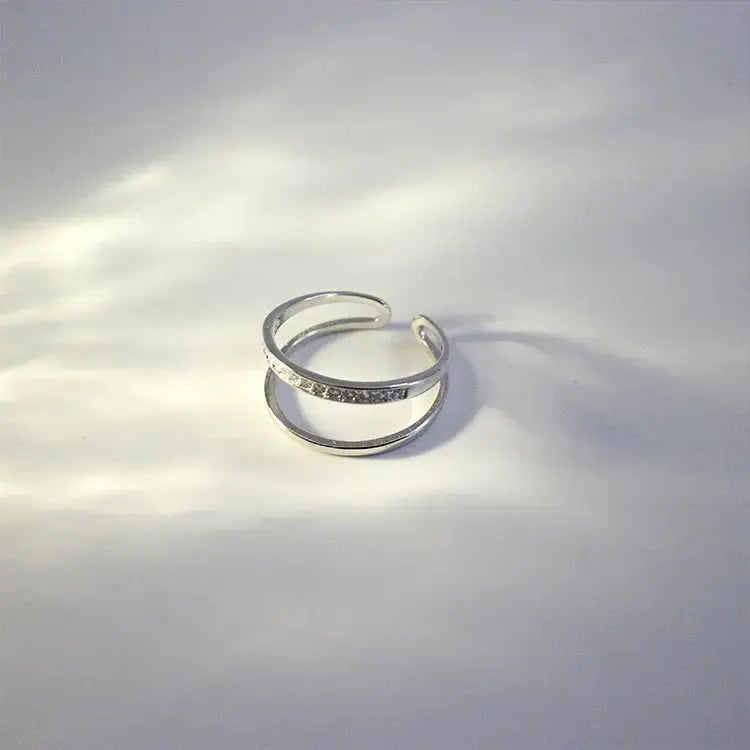 Lovcia Women Double Layer CZ Lines 925 Sterling Silver Adjustable Ring-Rings-Rhodium-Rhodium