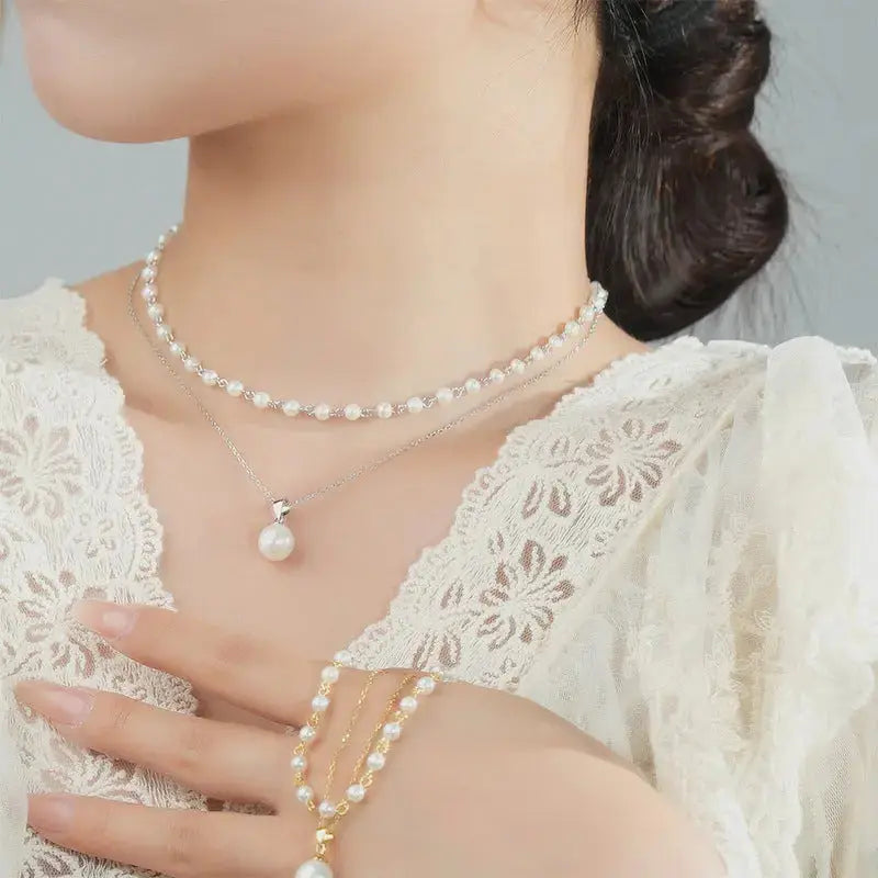 Lovcia Women Double Layes Shell Pearls 925 Sterling Silver Necklace-Necklaces-Rhodium-Rhodium
