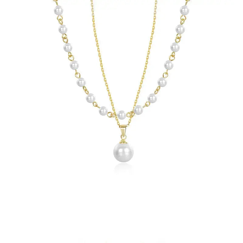 Lovcia Women Double Layes Shell Pearls 925 Sterling Silver Necklace-Necklaces-Rhodium-Rhodium