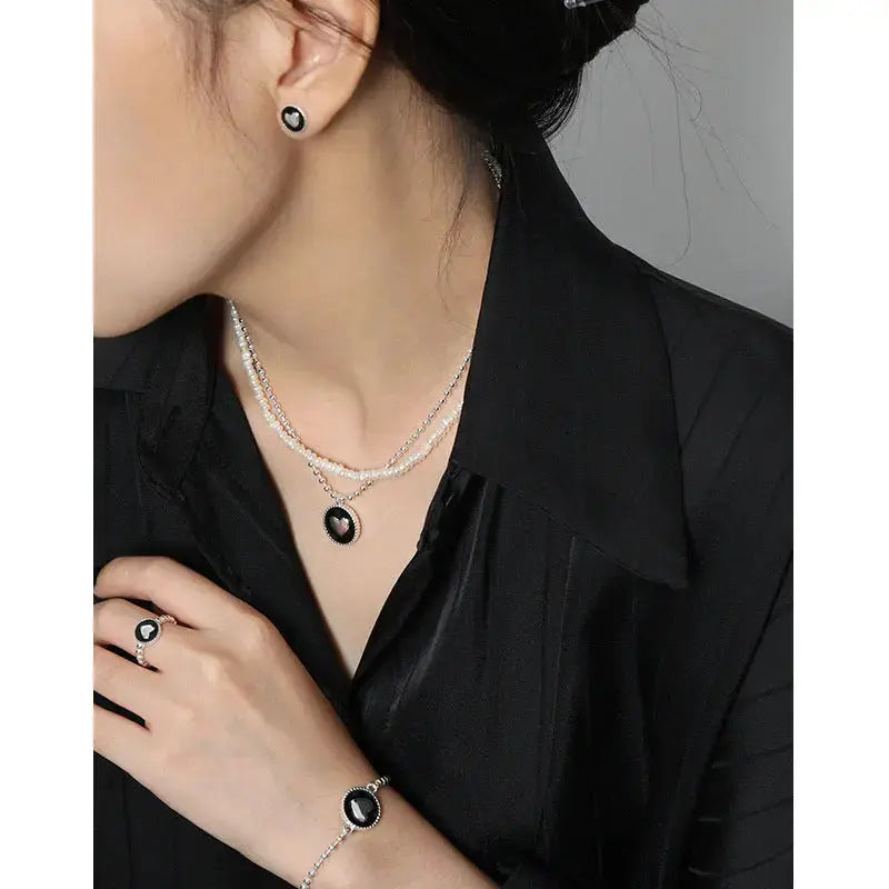Lovcia Women Heart Black Epoxy 925 Sterling Silver Necklace Ring Earrings Bracelet Jewellery Set-Necklaces-Earrings-Earrings