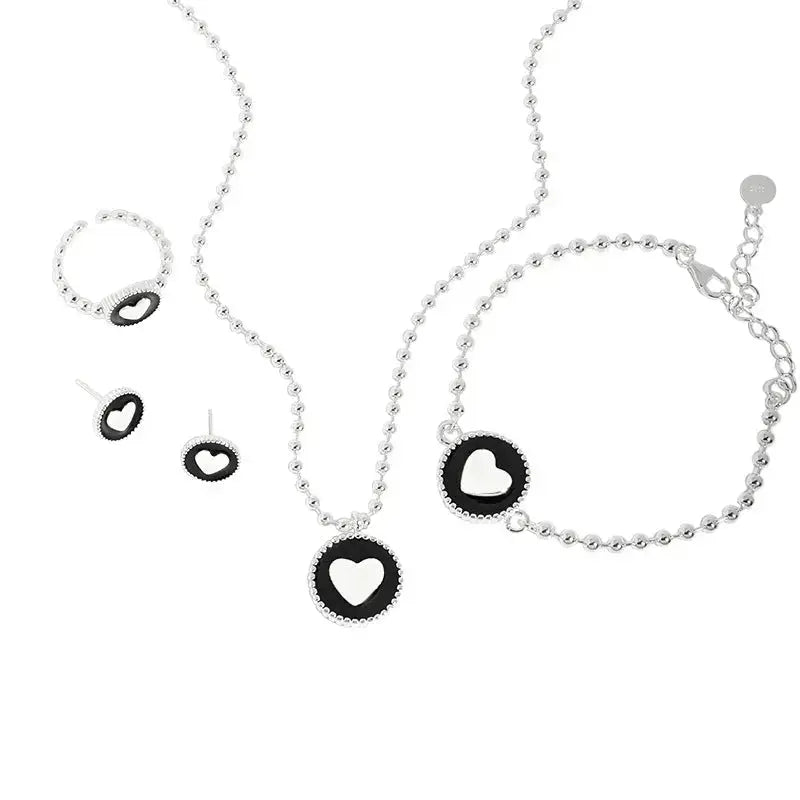 Lovcia Women Heart Black Epoxy 925 Sterling Silver Necklace Ring Earrings Bracelet Jewellery Set-Necklaces-Earrings-Earrings