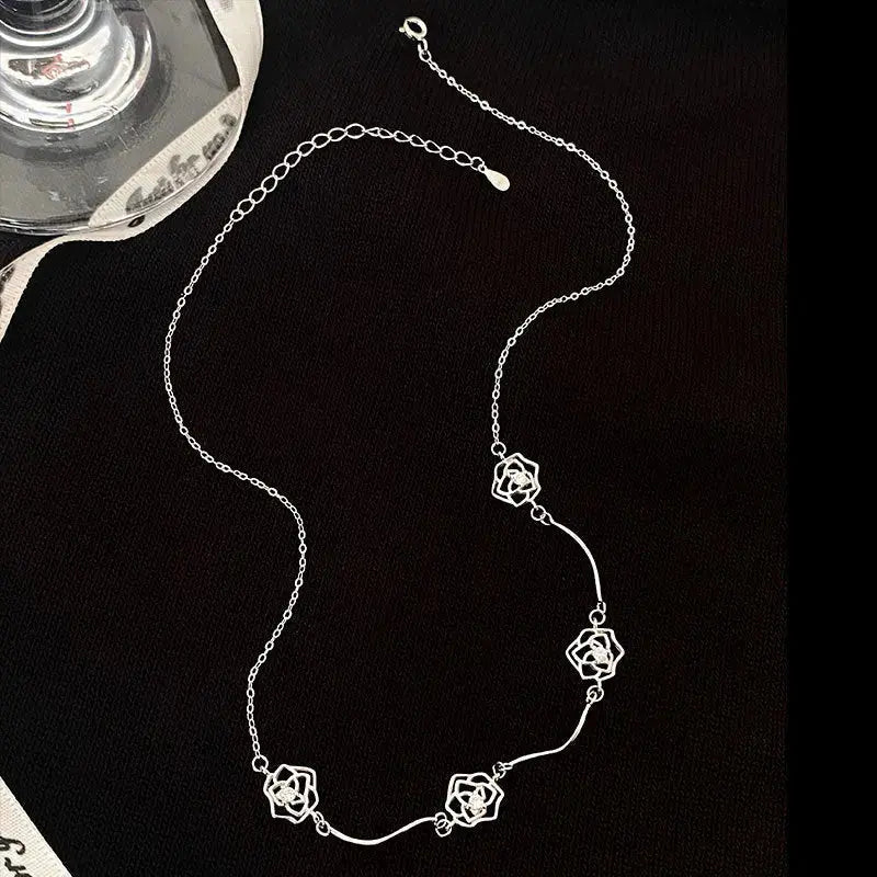 Lovcia Women Hollow CZ Rose Flowers 925 Sterling Silver Necklace-Necklaces-Rhodium-Rhodium