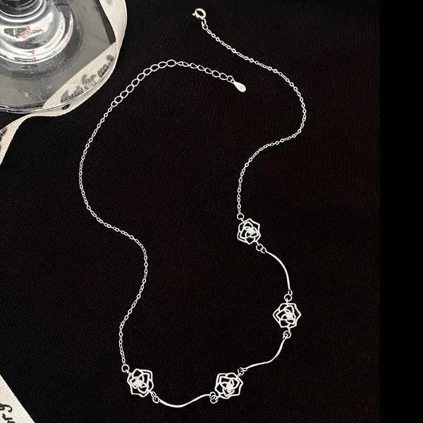 Lovcia Women Hollow CZ Rose Flowers 925 Sterling Silver Necklace-Necklaces-Rhodium-Rhodium