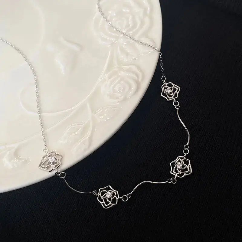 Lovcia Women Hollow CZ Rose Flowers 925 Sterling Silver Necklace-Necklaces-Rhodium-Rhodium