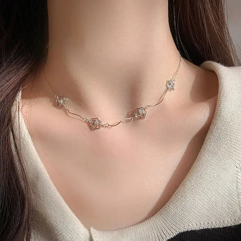 Lovcia Women Hollow CZ Rose Flowers 925 Sterling Silver Necklace-Necklaces-Rhodium-Rhodium