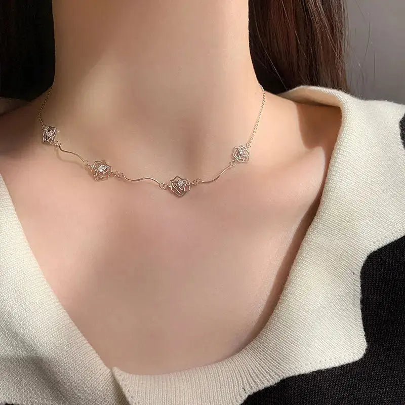 Lovcia Women Hollow CZ Rose Flowers 925 Sterling Silver Necklace-Necklaces-Rhodium-Rhodium