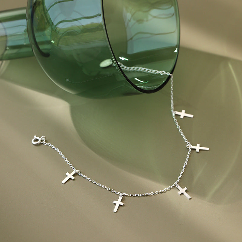 Lovcia Women Mini Cross 925 Sterling Silver Anklet-Anklets-Rhodium-