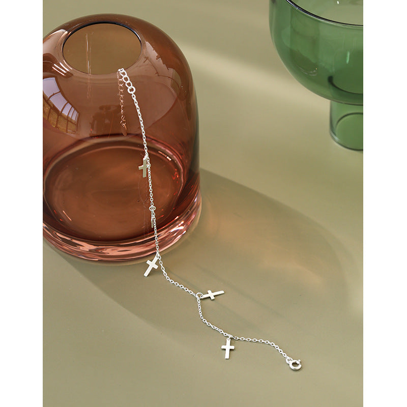 Lovcia Women Mini Cross 925 Sterling Silver Anklet-Anklets-Rhodium-