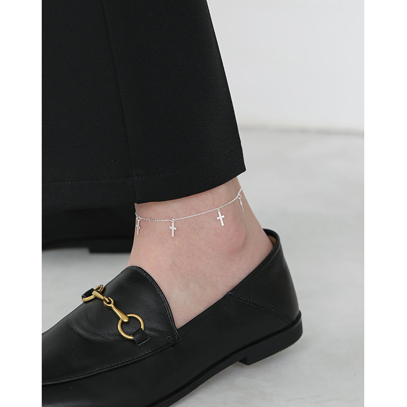 Lovcia Women Mini Cross 925 Sterling Silver Anklet-Anklets-Rhodium-