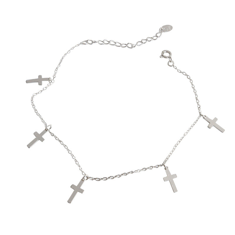 Lovcia Women Mini Cross 925 Sterling Silver Anklet-Anklets-Rhodium-