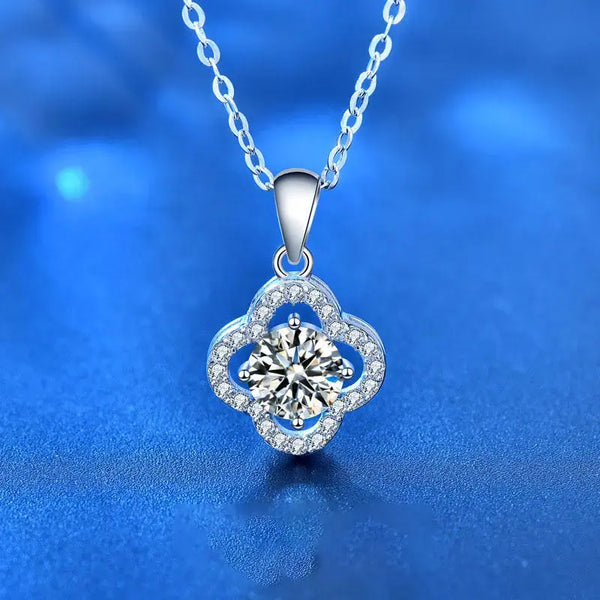 Lovcia Women Moissanite CZ Hollow Four Leaf Clover Lucky 925 Sterling Silver Necklace-Charms & Pendants-1 ct Moissanite CZ-1 ct Moissanite CZ