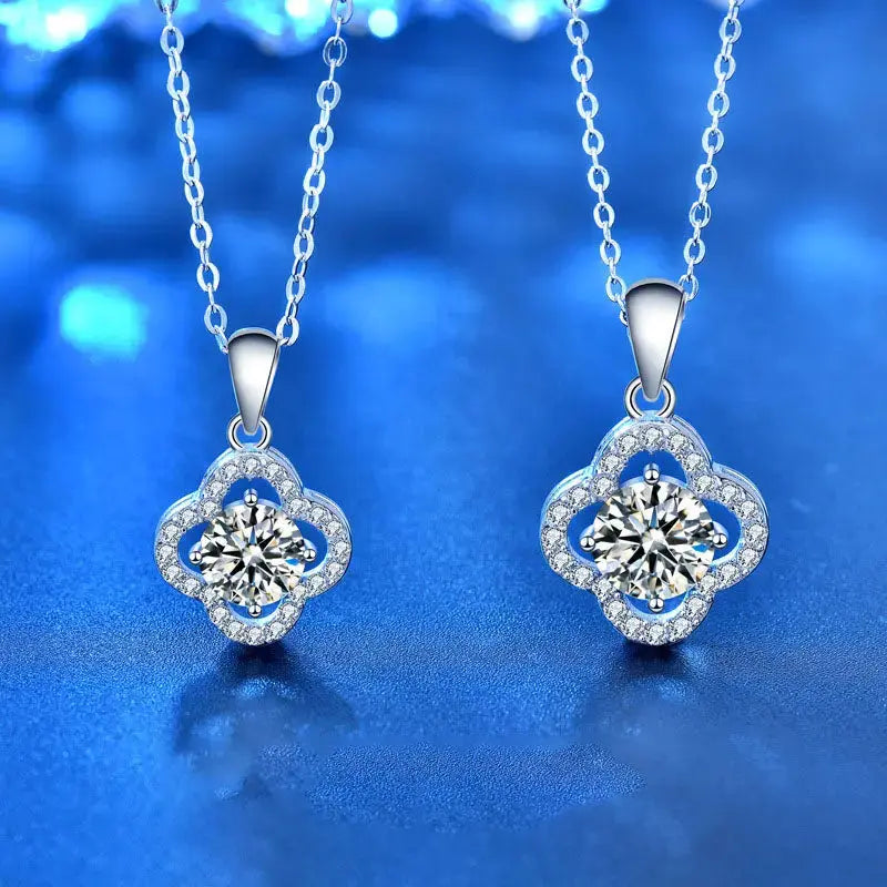 Lovcia Women Moissanite CZ Hollow Four Leaf Clover Lucky 925 Sterling Silver Necklace-Charms & Pendants-1 ct Moissanite CZ-1 ct Moissanite CZ