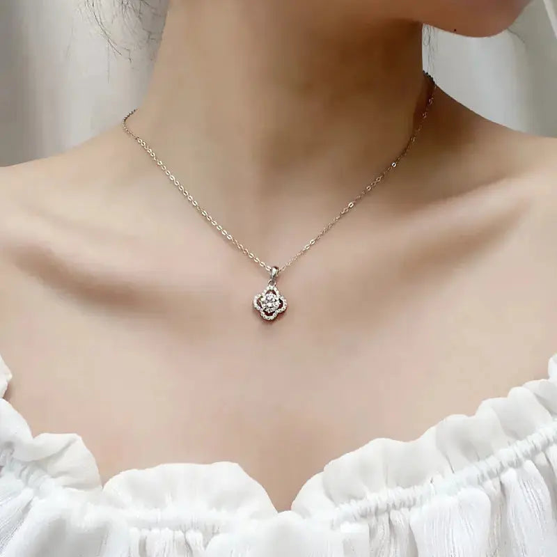 Lovcia Women Moissanite CZ Hollow Four Leaf Clover Lucky 925 Sterling Silver Necklace-Charms & Pendants-1 ct Moissanite CZ-1 ct Moissanite CZ