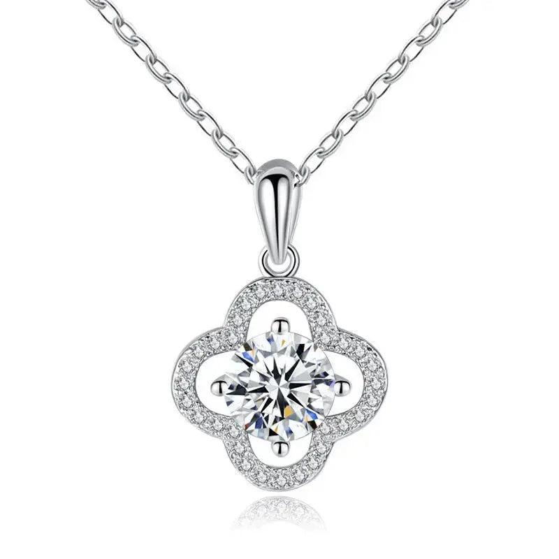 Lovcia Women Moissanite CZ Hollow Four Leaf Clover Lucky 925 Sterling Silver Necklace-Charms & Pendants-1 ct Moissanite CZ-1 ct Moissanite CZ