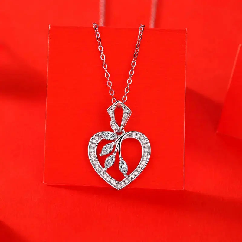 LOVCIA Women Moissanite Hollow Heart Leaves 925 Sterling Silver Necklace