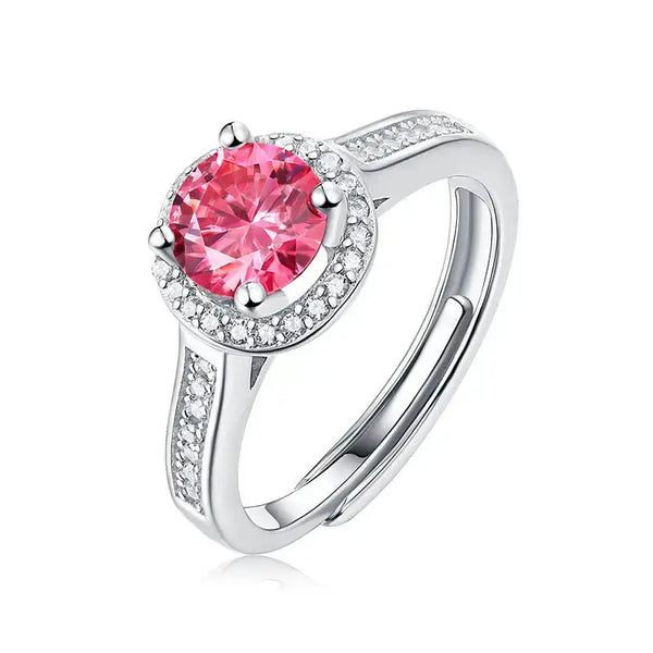 Lovcia Women Pink Round Moissanite CZ 925 Sterling Silver Adjustable Ring-Rings-1 Carat (Certificate Included)-1 Carat (Certificate Included)