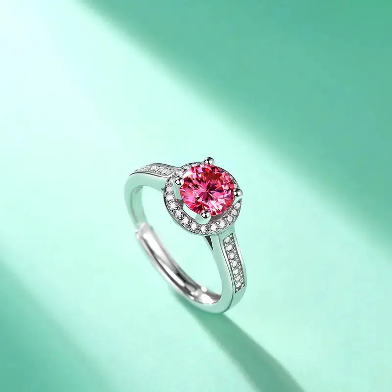 Lovcia Women Pink Round Moissanite CZ 925 Sterling Silver Adjustable Ring-Rings-1 Carat (Certificate Included)-1 Carat (Certificate Included)