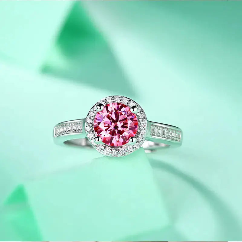 Lovcia Women Pink Round Moissanite CZ 925 Sterling Silver Adjustable Ring-Rings-1 Carat (Certificate Included)-1 Carat (Certificate Included)
