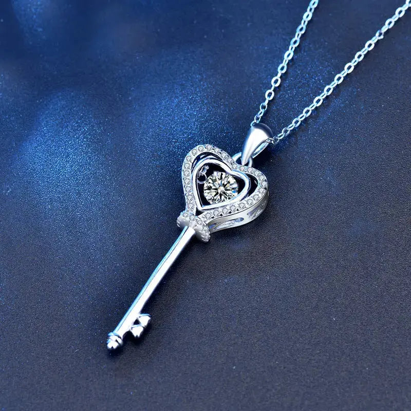 Lovcia Women Promise Moissanite CZ Heart Key 925 Sterling Silver Necklace-Necklaces-0.5 Carat Moissanite CZ-0.5 Carat Moissanite CZ